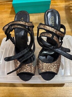 Gucci Melodie Bronze Glitter Multi-Strap Open-Toe Heels